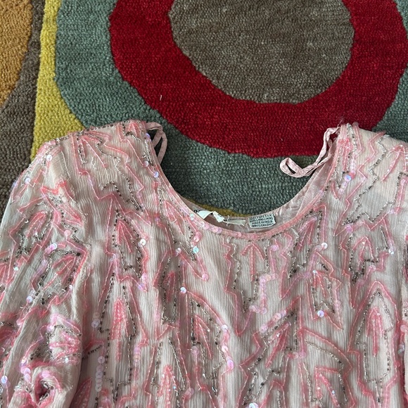 100% Pure Silk Vintage Retro Pink Long Sleeve Dress Beaded Sequins Made in India - Picture 6 of 9